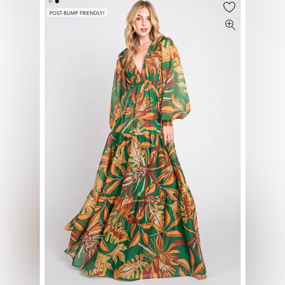 Flying Tomato Green Leaf Maternity Tiered Maxi Dress